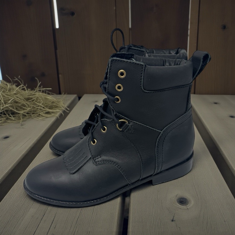 VINTAGE 🖤Y2K 🤑ACME MAGIC BLACK LEATHER GOTH FRINGE‎ LACE-UP ANKLE BOOTS 6.5